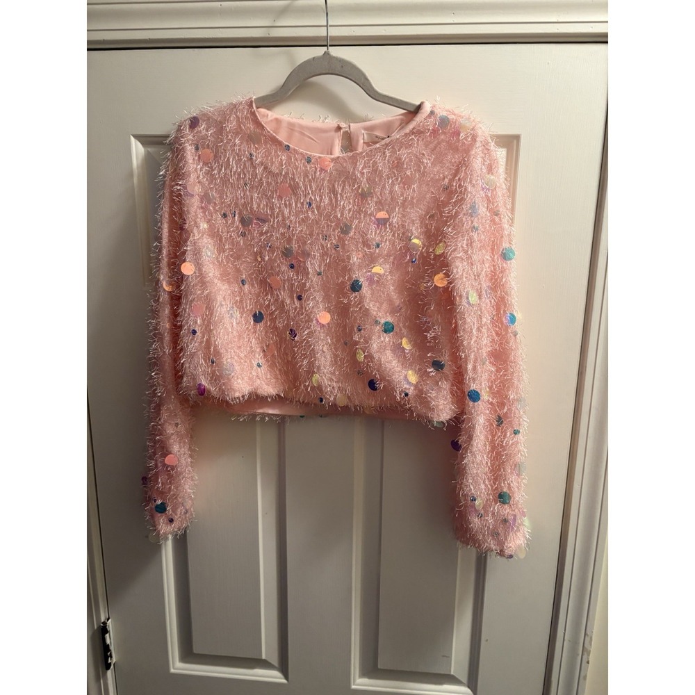 Pink Fuzzy Sequin Crop Top - Women